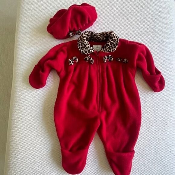 London Fog Red Fleece Baby Bunting with Cap and Faux Leopard Trim - 3/6MO. - Picture 1 of 4